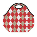Beige Red And White Argyle Pattern Print Neoprene Lunch Bag