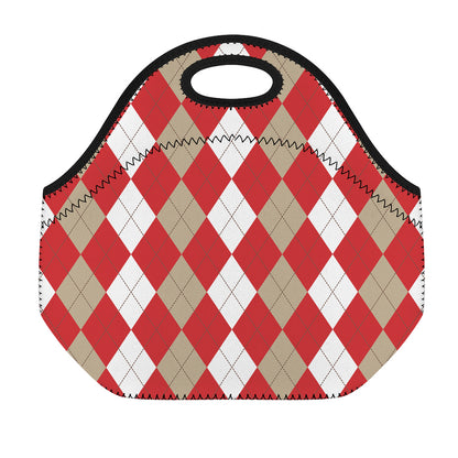 Beige Red And White Argyle Pattern Print Neoprene Lunch Bag