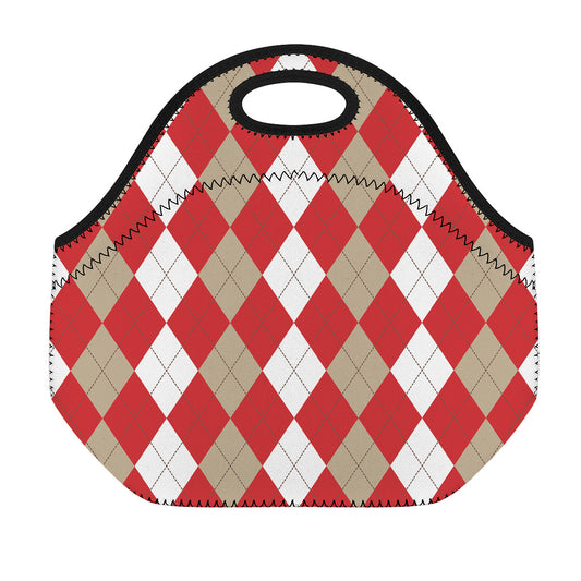 Beige Red And White Argyle Pattern Print Neoprene Lunch Bag