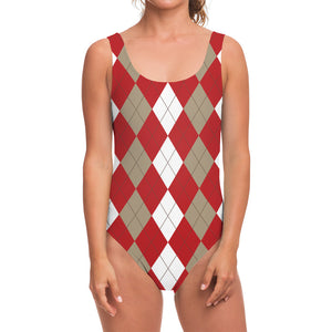 Beige Red And White Argyle Pattern Print One Piece Swimsuit