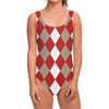 Beige Red And White Argyle Pattern Print One Piece Swimsuit