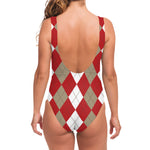 Beige Red And White Argyle Pattern Print One Piece Swimsuit