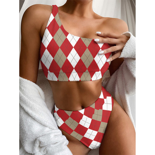 Beige Red And White Argyle Pattern Print One Shoulder Bikini Top