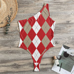 Beige Red And White Argyle Pattern Print One Shoulder Bodysuit
