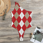 Beige Red And White Argyle Pattern Print One Shoulder Bodysuit