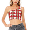Beige Red And White Argyle Pattern Print One Shoulder Crop Top