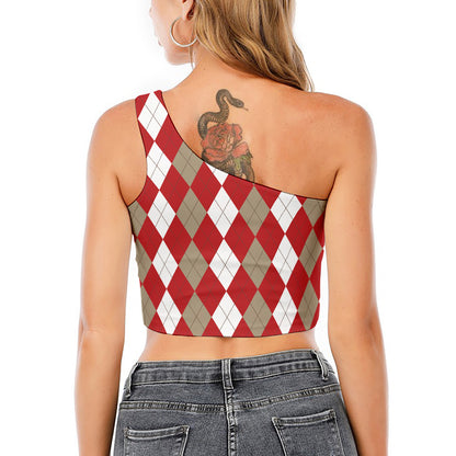 Beige Red And White Argyle Pattern Print One Shoulder Crop Top