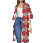 Beige Red And White Argyle Pattern Print Open Front Beach Cover Up