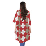 Beige Red And White Argyle Pattern Print Open Front Beach Cover Up
