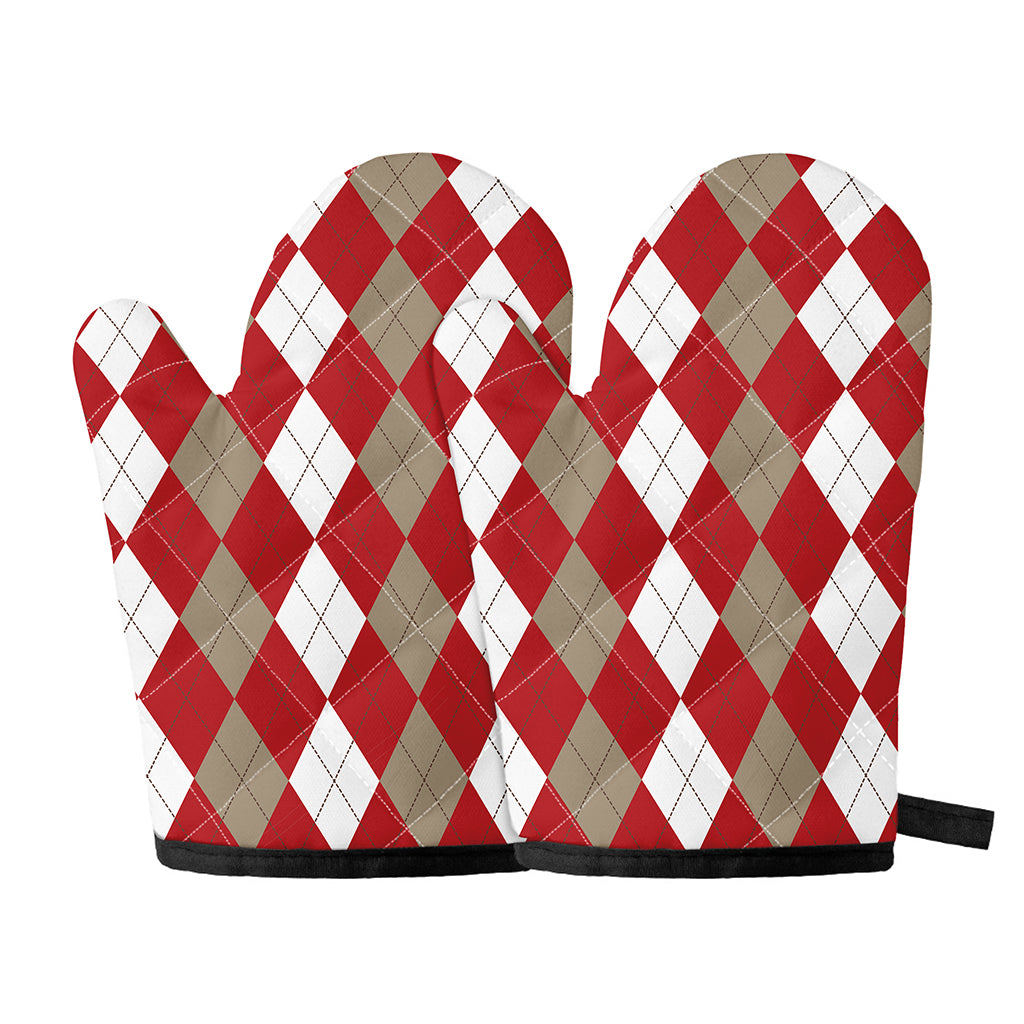 Beige Red And White Argyle Pattern Print Oven Mitts
