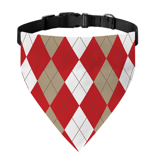 Beige Red And White Argyle Pattern Print Over The Collar Dog Bandana