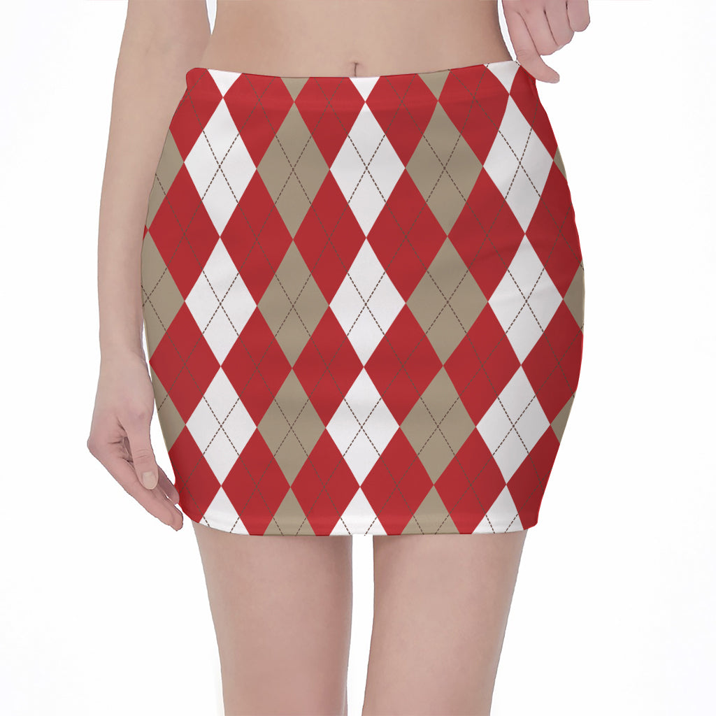 Beige Red And White Argyle Pattern Print Pencil Mini Skirt
