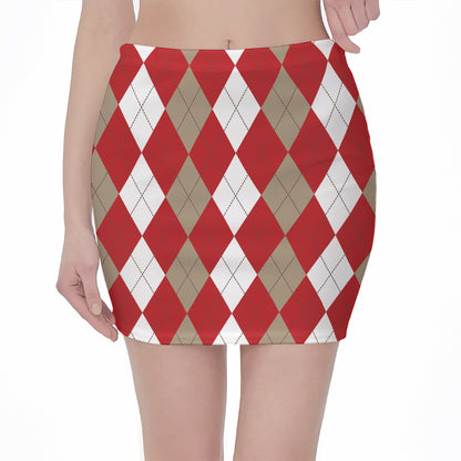 Beige Red And White Argyle Pattern Print Pencil Mini Skirt