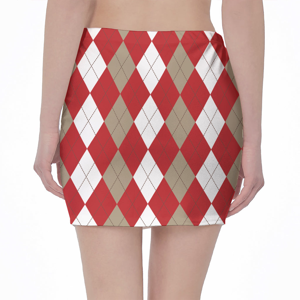 Beige Red And White Argyle Pattern Print Pencil Mini Skirt