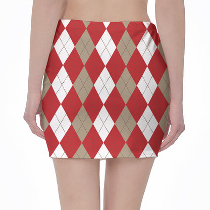 Beige Red And White Argyle Pattern Print Pencil Mini Skirt