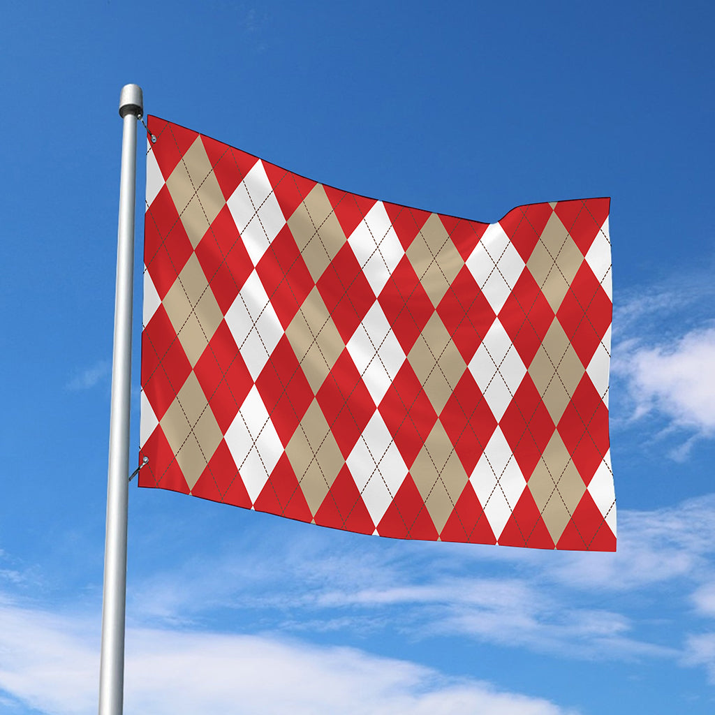 Beige Red And White Argyle Pattern Print Polyester Flag