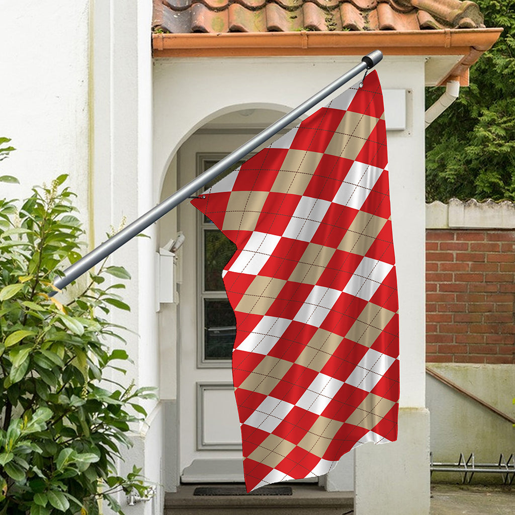 Beige Red And White Argyle Pattern Print Polyester Flag