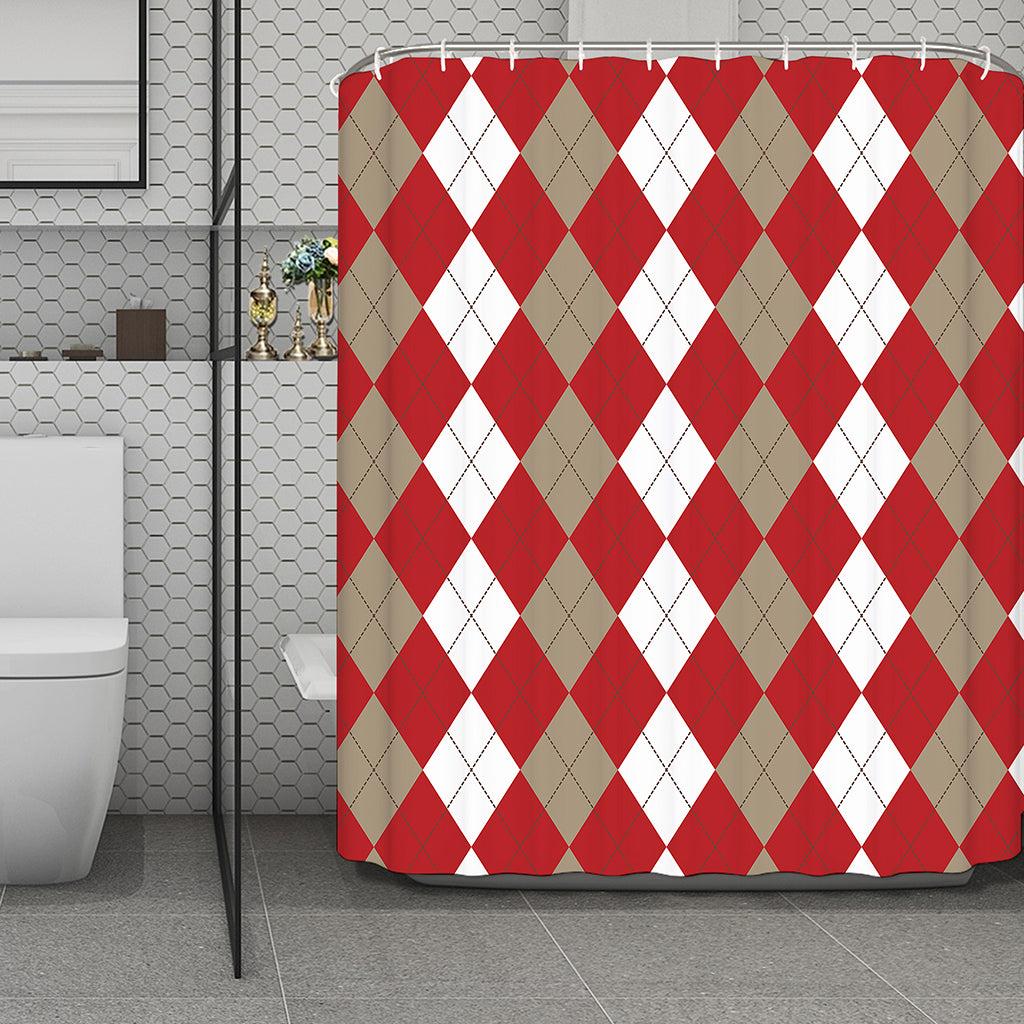 Beige Red And White Argyle Pattern Print Polyester Shower Curtain