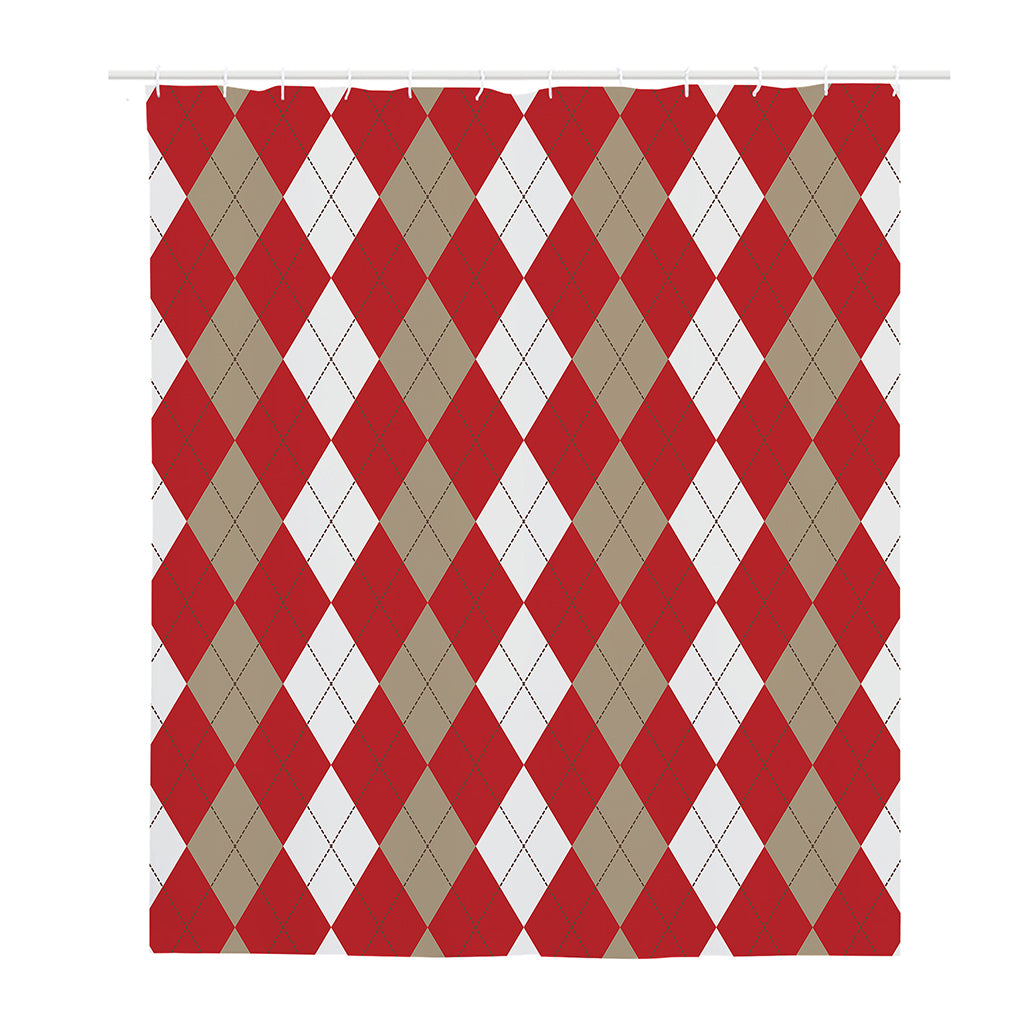 Beige Red And White Argyle Pattern Print Polyester Shower Curtain