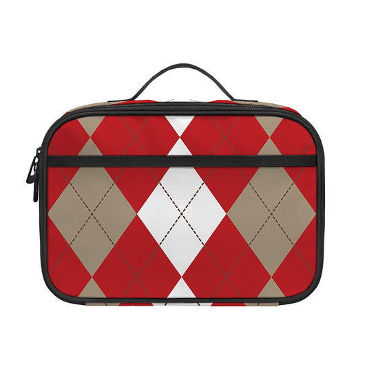 Beige Red And White Argyle Pattern Print Portable Lunch Bag