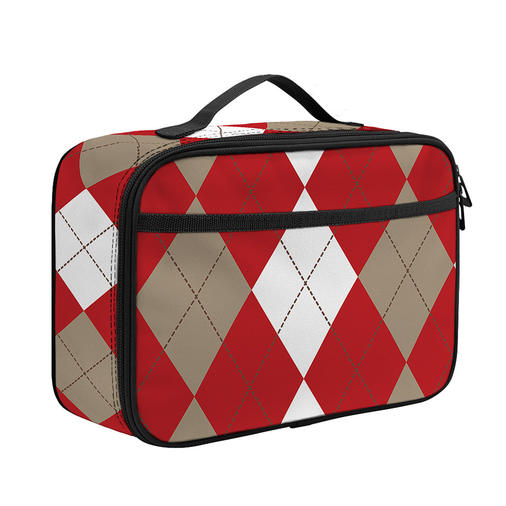 Beige Red And White Argyle Pattern Print Portable Lunch Bag