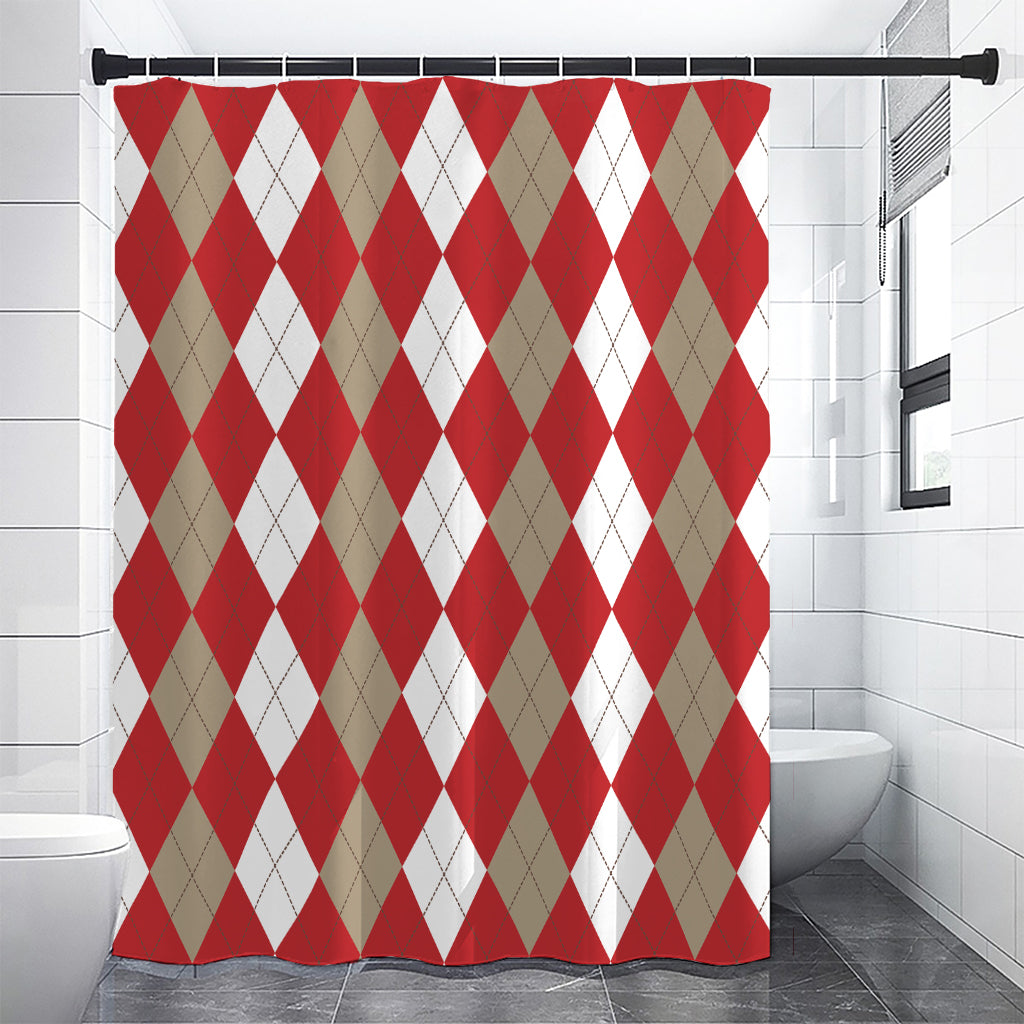 Beige Red And White Argyle Pattern Print Premium Shower Curtain