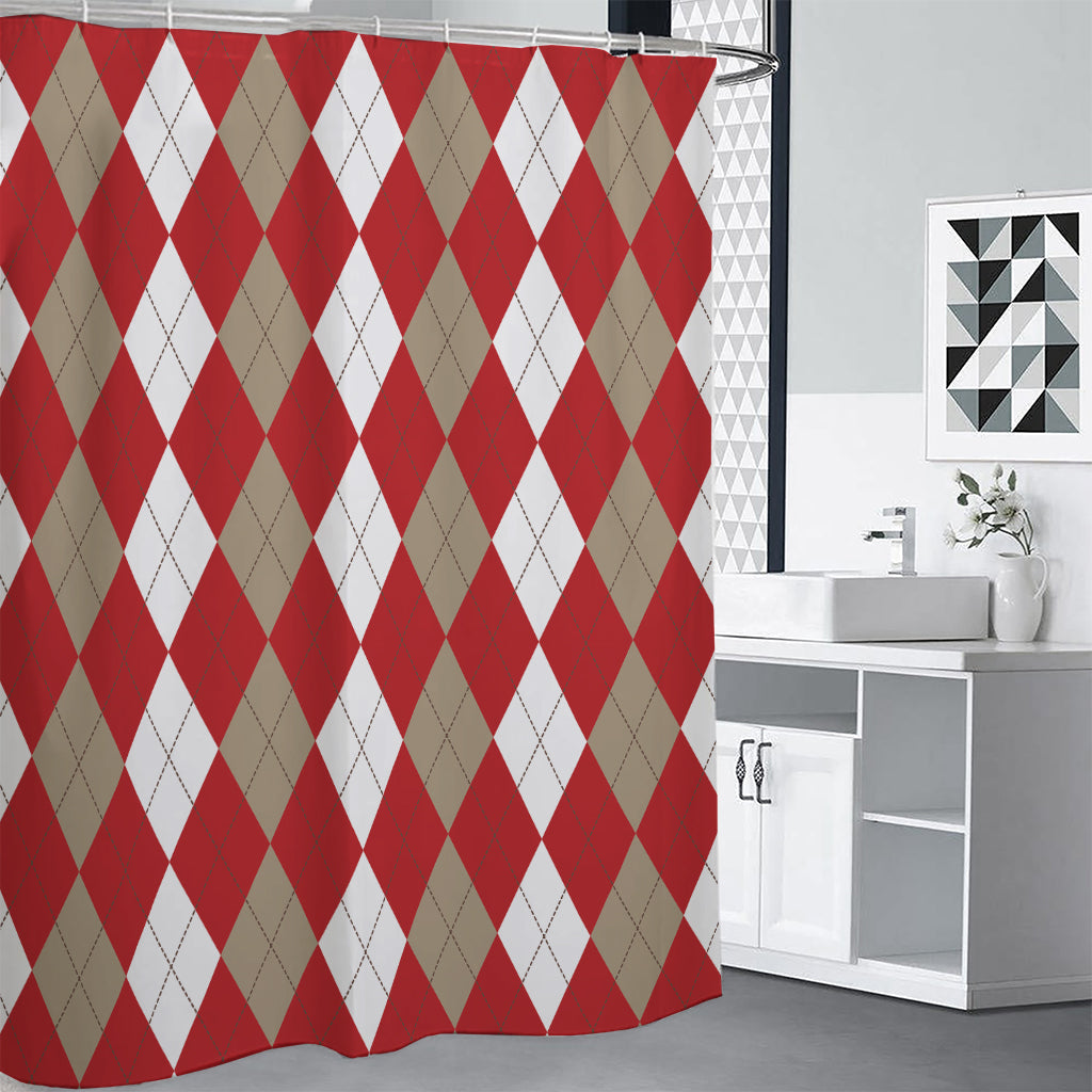 Beige Red And White Argyle Pattern Print Premium Shower Curtain