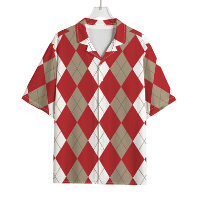 Beige Red And White Argyle Pattern Print Rayon Hawaiian Shirt