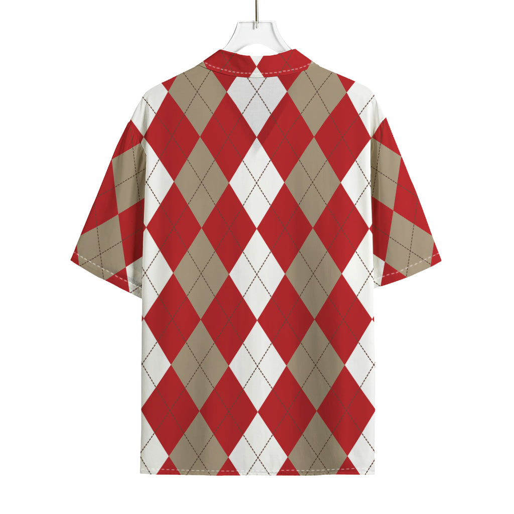 Beige Red And White Argyle Pattern Print Rayon Hawaiian Shirt