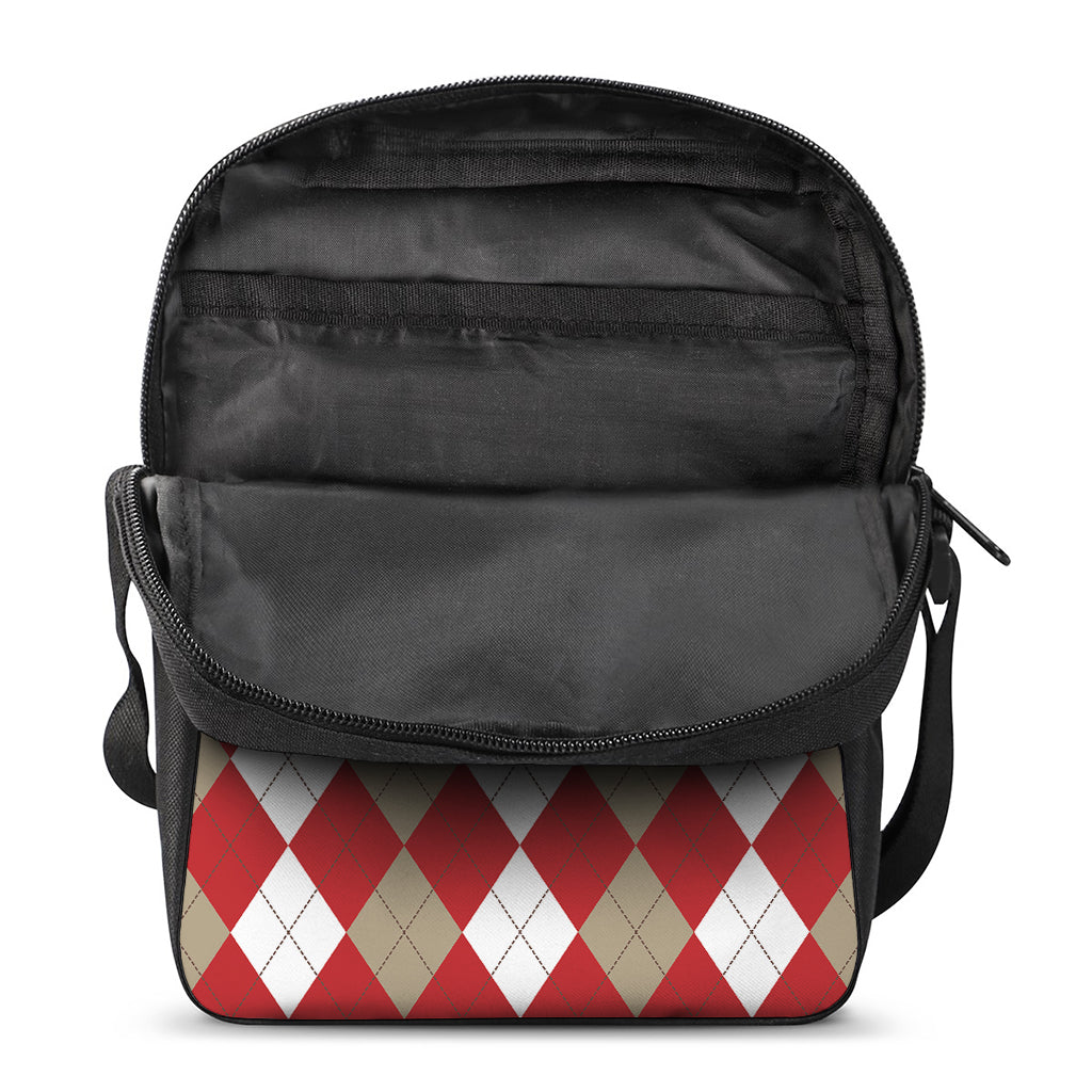 Beige Red And White Argyle Pattern Print Rectangular Crossbody Bag
