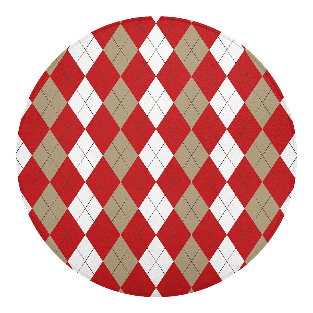 Beige Red And White Argyle Pattern Print Round Blanket