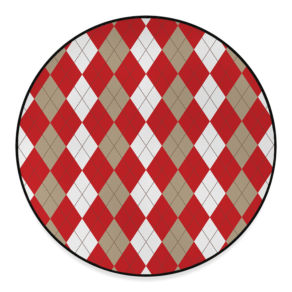 Beige Red And White Argyle Pattern Print Round Floor Mat