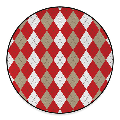 Beige Red And White Argyle Pattern Print Round Floor Mat