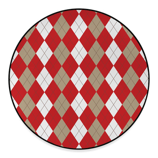 Beige Red And White Argyle Pattern Print Round Floor Mat