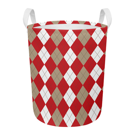 Beige Red And White Argyle Pattern Print Round Laundry Basket