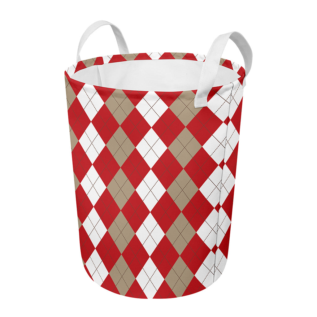 Beige Red And White Argyle Pattern Print Round Laundry Basket