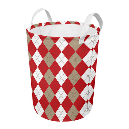 Beige Red And White Argyle Pattern Print Round Laundry Basket