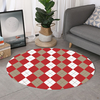 Beige Red And White Argyle Pattern Print Round Rug