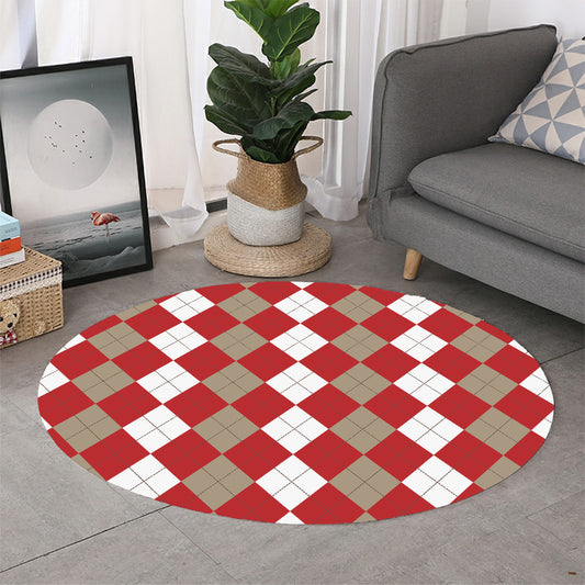 Beige Red And White Argyle Pattern Print Round Rug