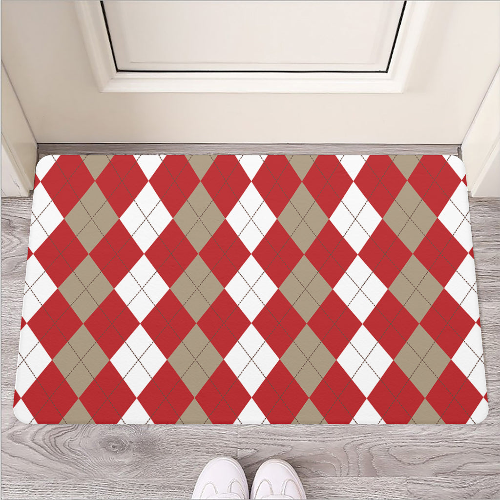 Beige Red And White Argyle Pattern Print Rubber Doormat