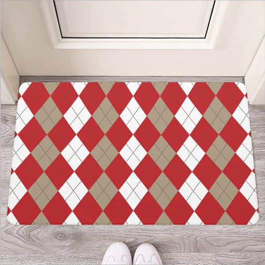 Beige Red And White Argyle Pattern Print Rubber Doormat