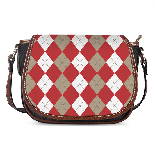 Beige Red And White Argyle Pattern Print Saddle Bag