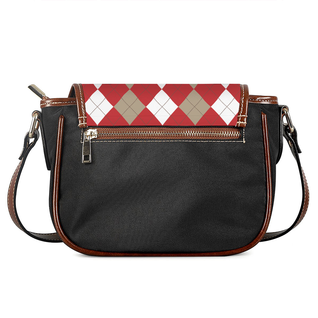 Beige Red And White Argyle Pattern Print Saddle Bag