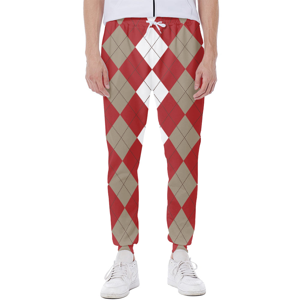 Beige Red And White Argyle Pattern Print Scuba Joggers