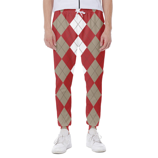 Beige Red And White Argyle Pattern Print Scuba Joggers