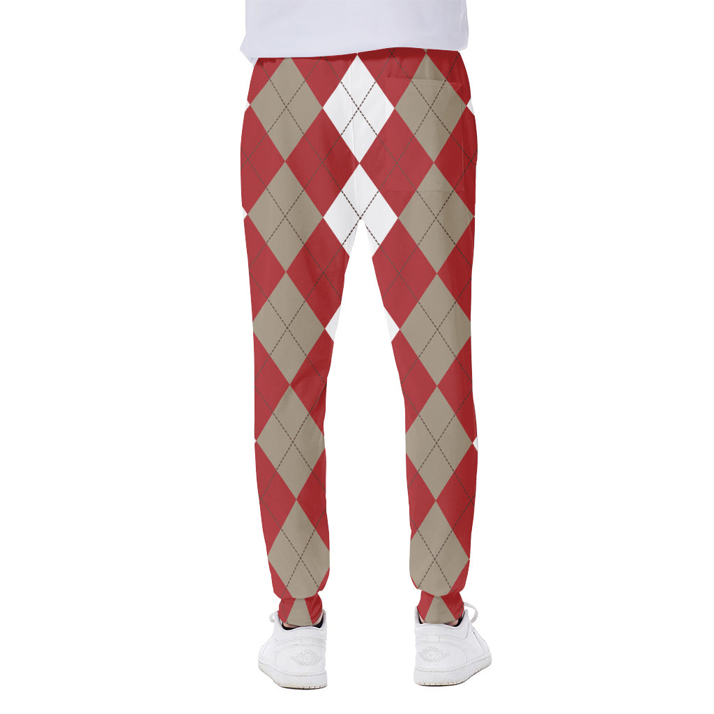 Beige Red And White Argyle Pattern Print Scuba Joggers