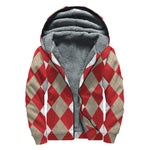 Beige Red And White Argyle Pattern Print Sherpa Lined Zip Up Hoodie