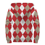 Beige Red And White Argyle Pattern Print Sherpa Lined Zip Up Hoodie