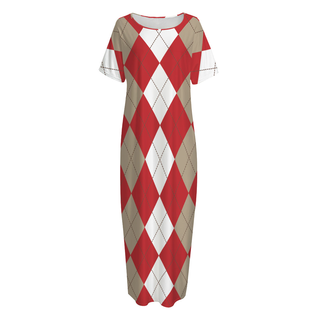 Beige Red And White Argyle Pattern Print Short Sleeve Long Nightdress