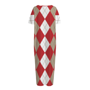 Beige Red And White Argyle Pattern Print Short Sleeve Long Nightdress